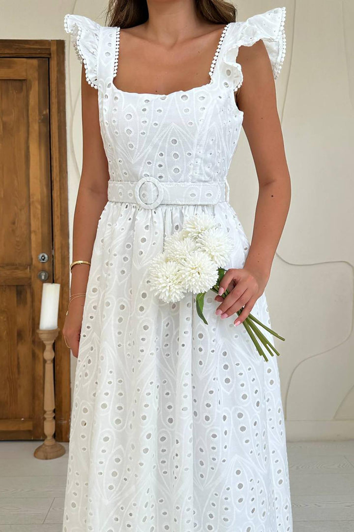 ELS Toptan Ekru Dantelli Brode Elbise - Anglet