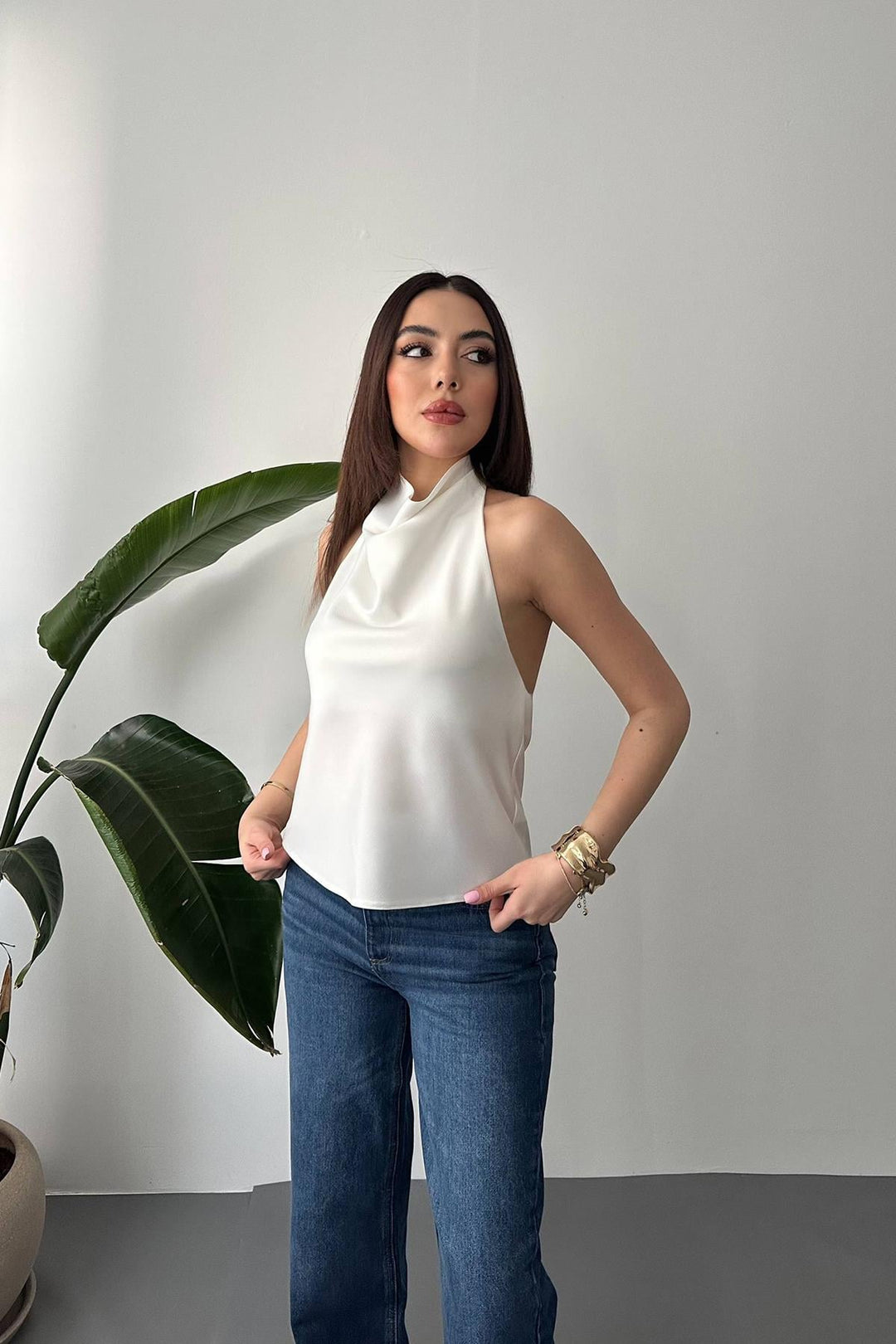 ELS Toptan Ekru Degaje Saten Bluz - Cerveteri