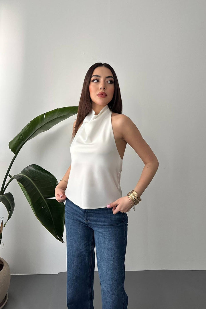 ELS Toptan Ekru Degaje Saten Bluz - Cerveteri