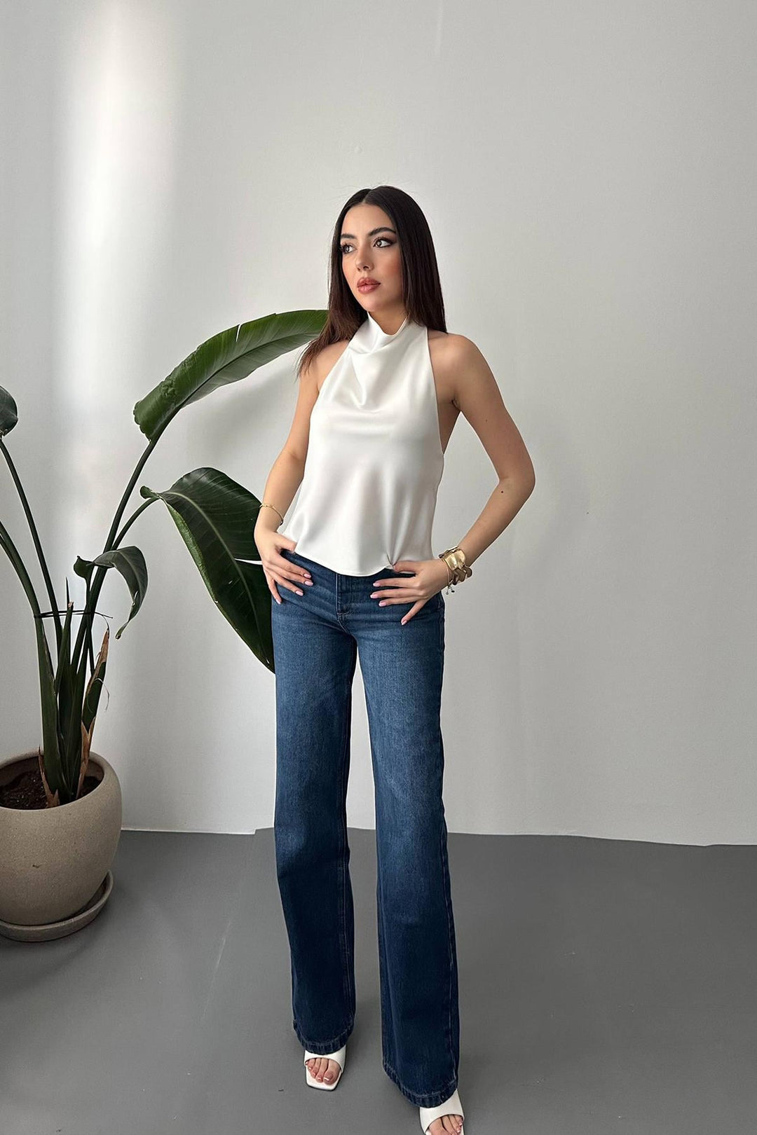 ELS Toptan Ekru Degaje Saten Bluz - Cerveteri
