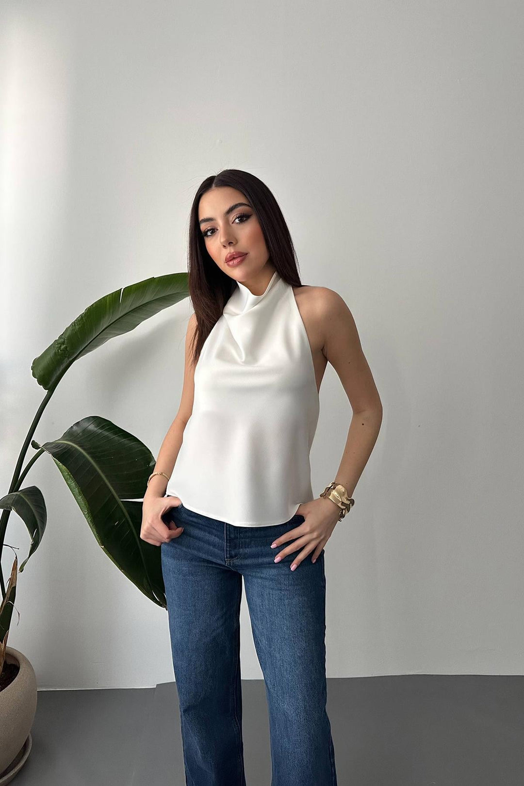 ELS Toptan Ekru Degaje Saten Bluz - Cerveteri