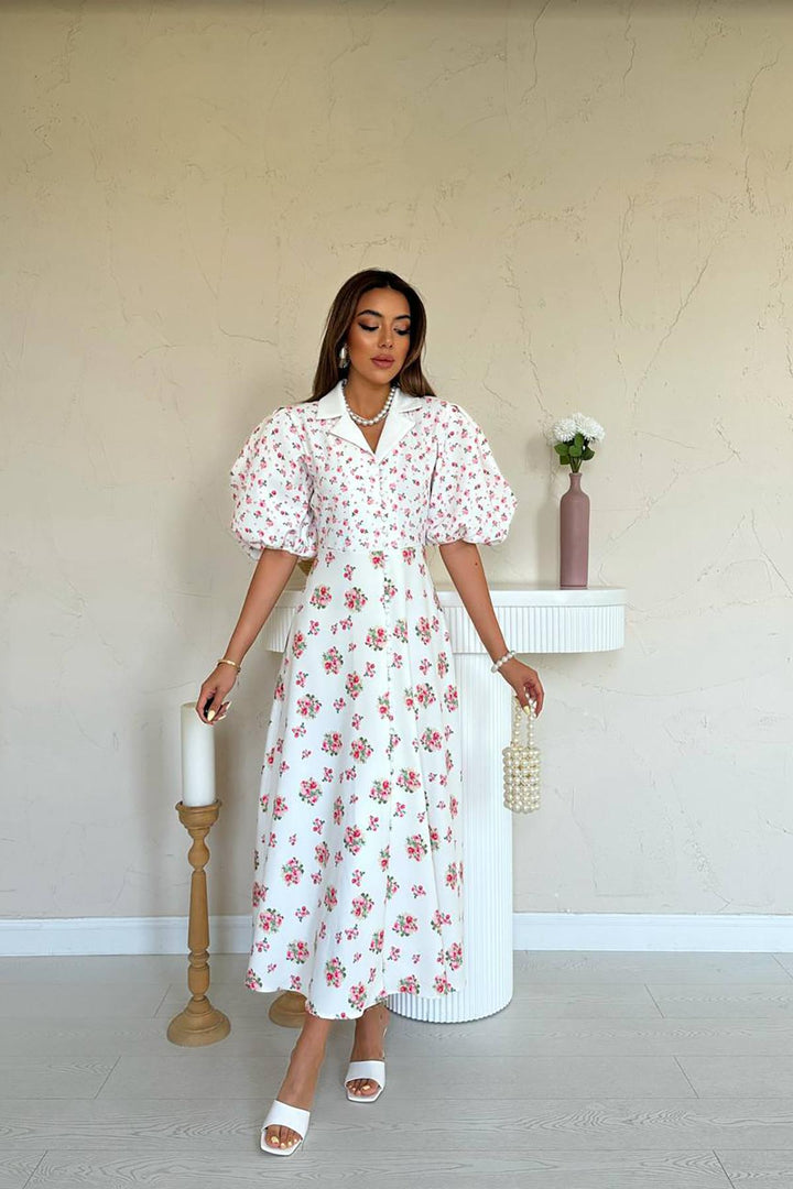 ELS Toptan Ekru Dijital Baskılı Elbise - Lehi