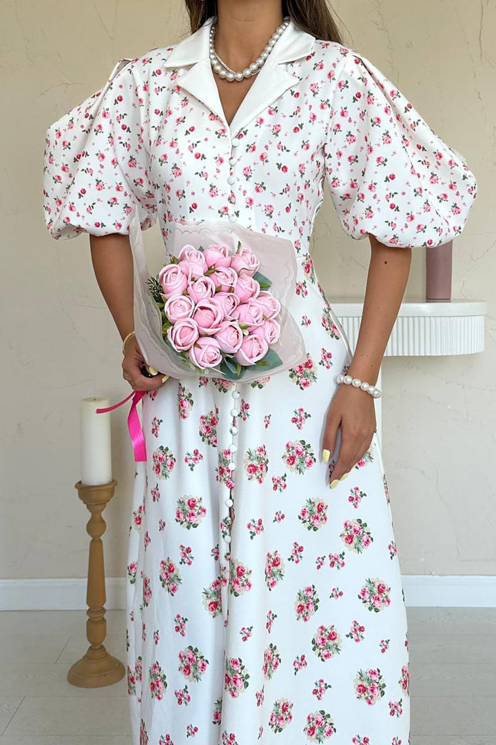 ELS Toptan Ekru Dijital Baskılı Elbise - Lehi