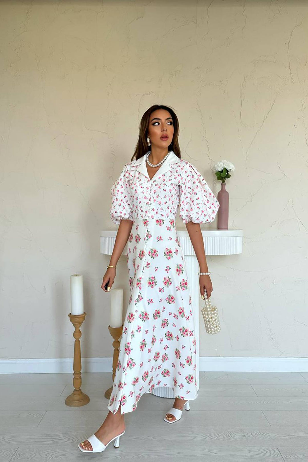 ELS Toptan Ekru Dijital Baskılı Elbise - Lehi