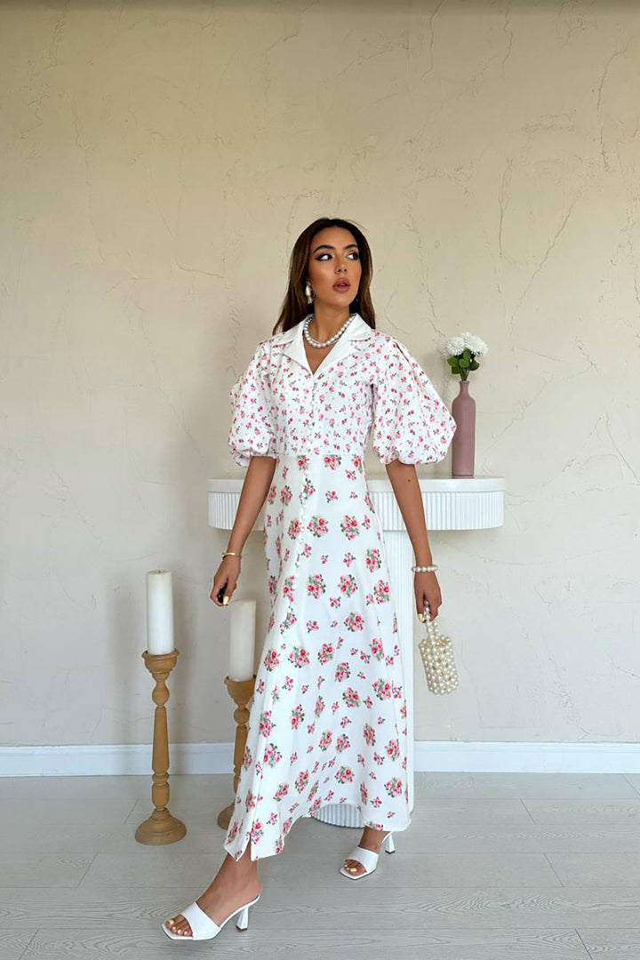 ELS Toptan Ekru Dijital Baskılı Elbise - Lehi