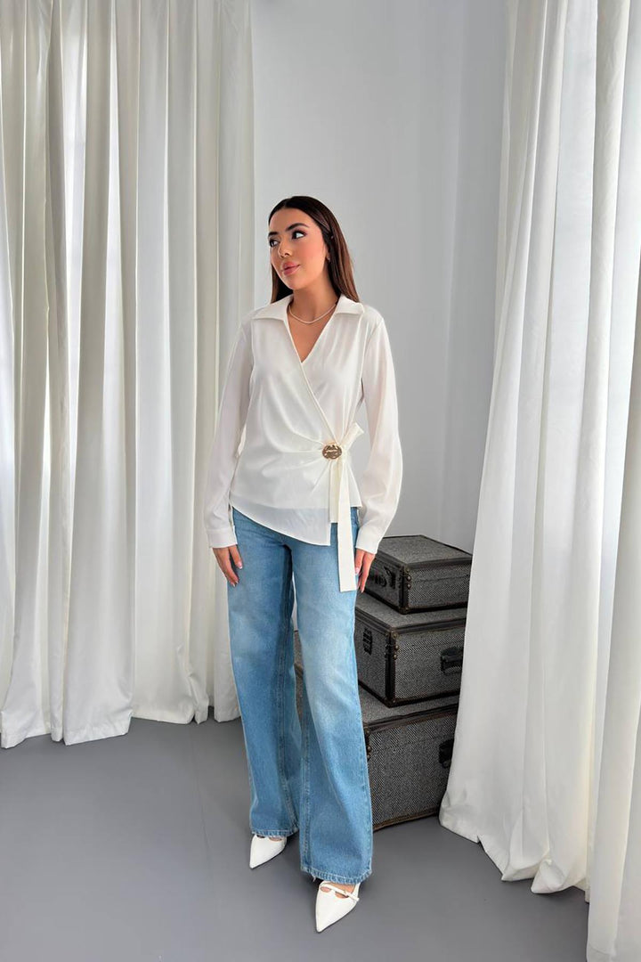 ELS Wholesale Ecru Button Detailed Satin Blouse - Città di Castello