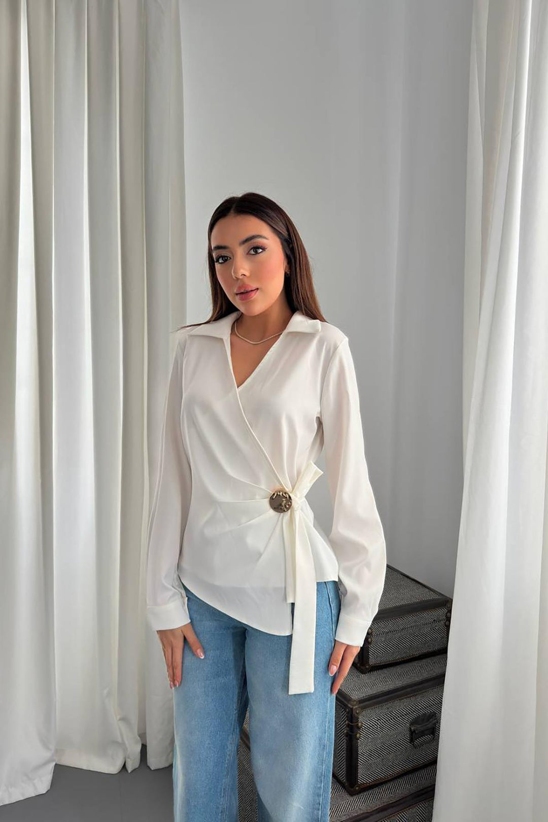 ELS Wholesale Ecru Button Detailed Satin Blouse - Città di Castello