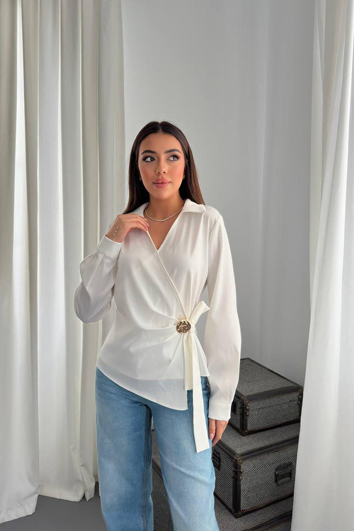 ELS Wholesale Ecru Button Detailed Satin Blouse - Città di Castello
