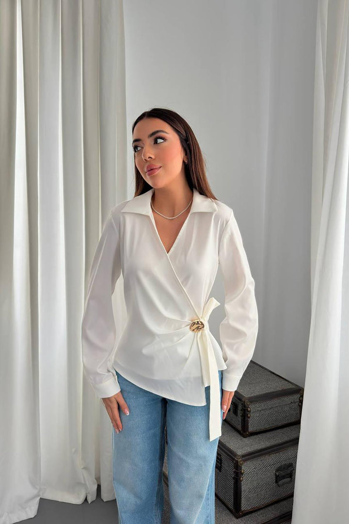ELS Wholesale Ecru Button Detailed Satin Blouse - Città di Castello