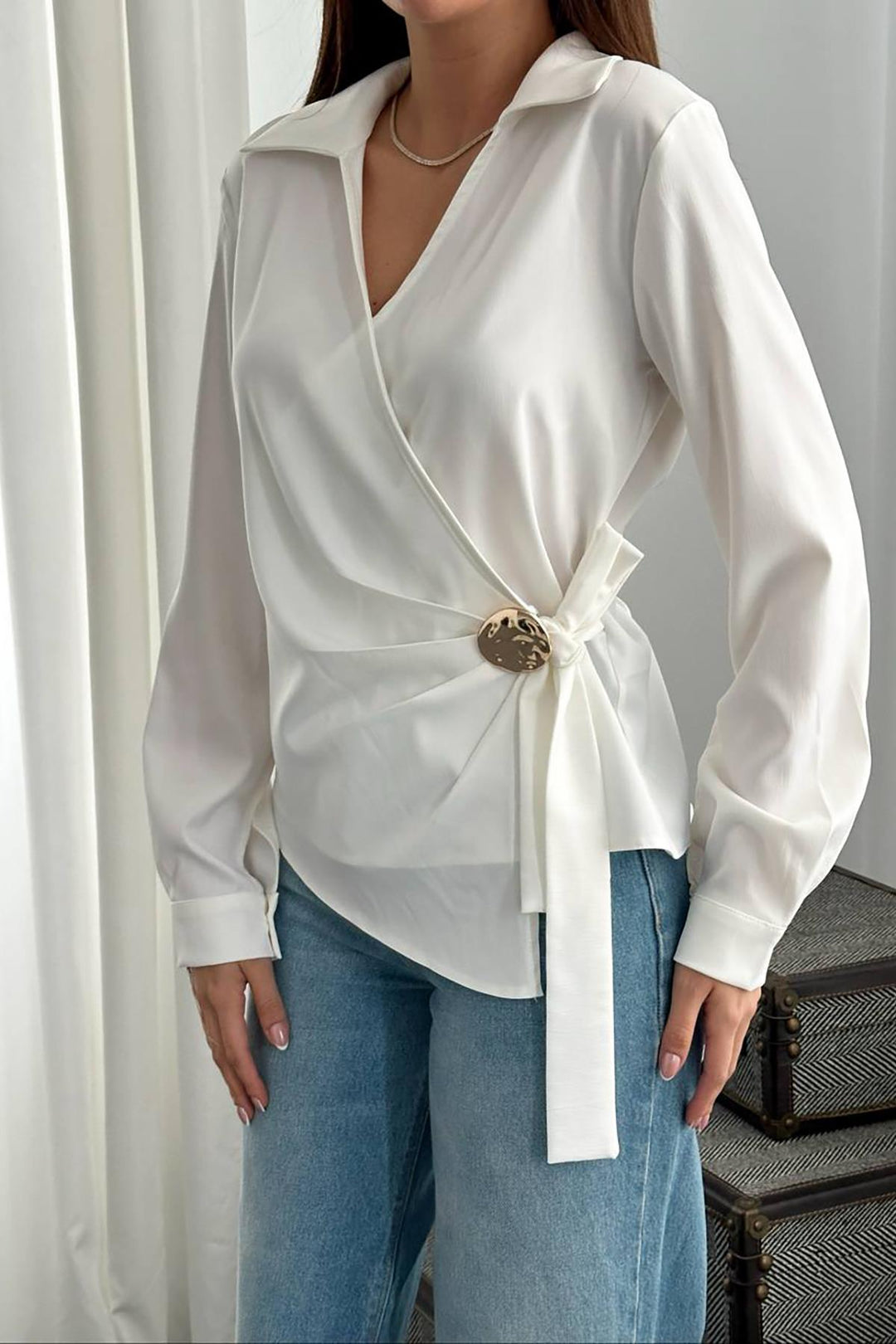 ELS Wholesale Ecru Button Detailed Satin Blouse - Città di Castello