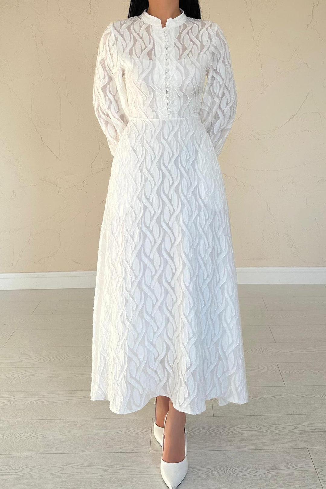 ELS Wholesale Ecru Belt Detailed Long Dress - Lansing