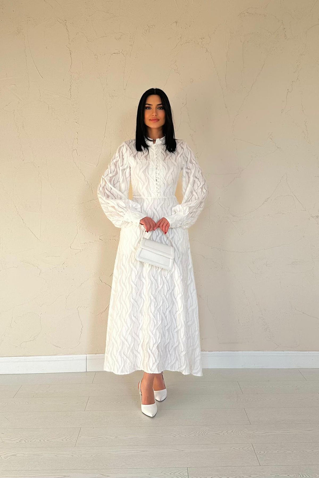 ELS Wholesale Ecru Belt Detailed Long Dress - Lansing