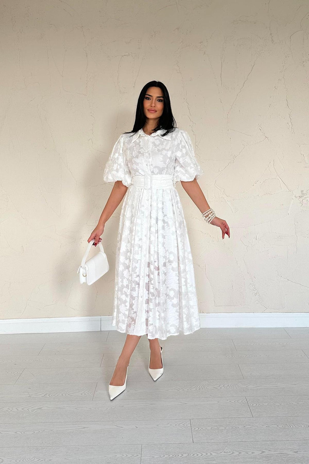 ELS Wholesale Ecru Belted Puff Sleeve Dress - Toms River