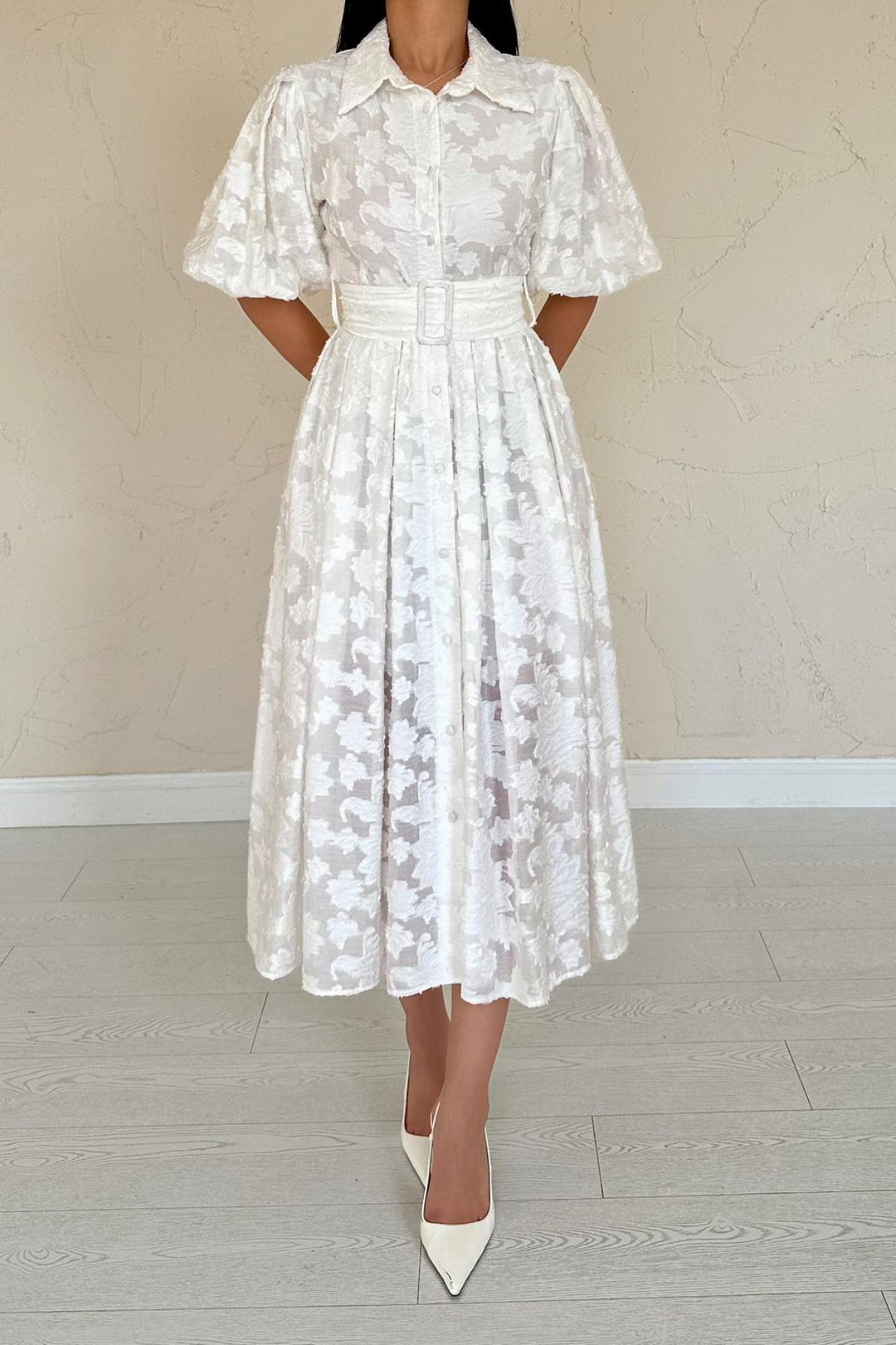 ELS Wholesale Ecru Belted Puff Sleeve Dress - Toms River