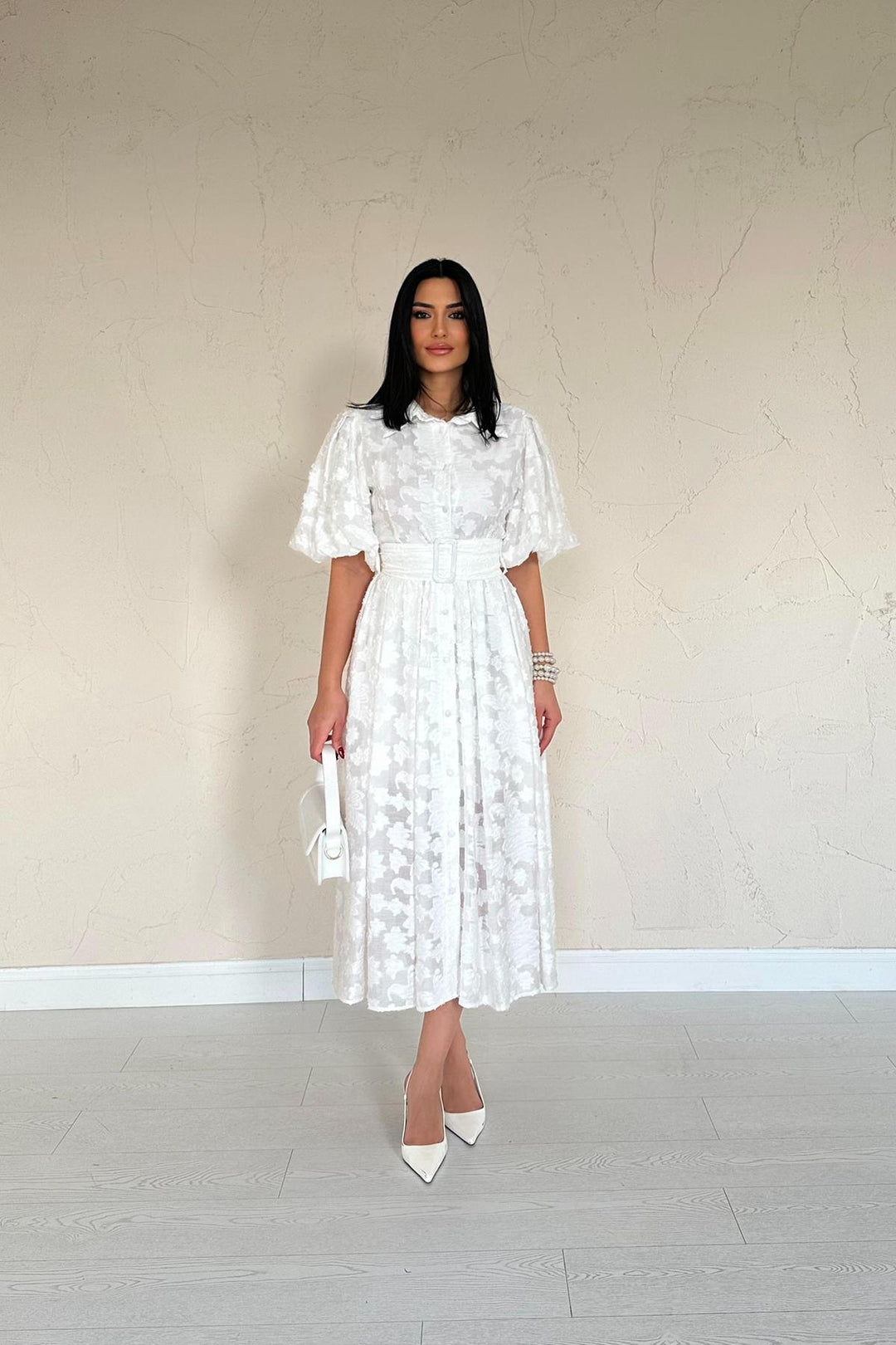 ELS Wholesale Ecru Belted Puff Sleeve Dress - Toms River