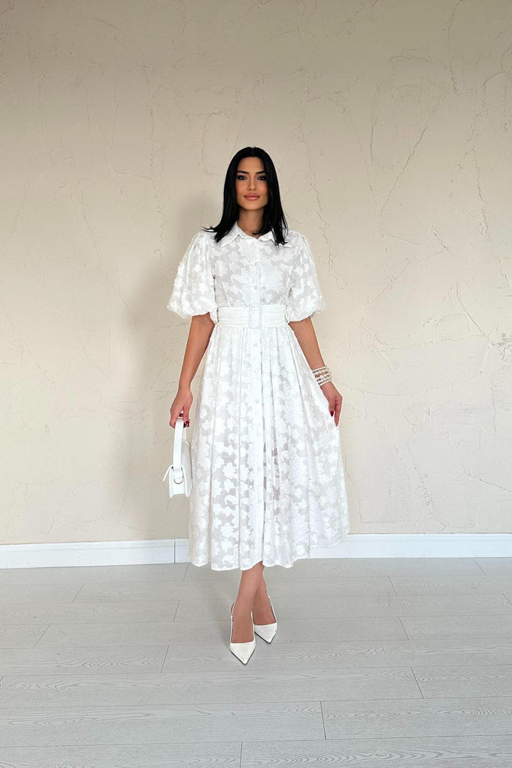 ELS Wholesale Ecru Belted Puff Sleeve Dress - Toms River