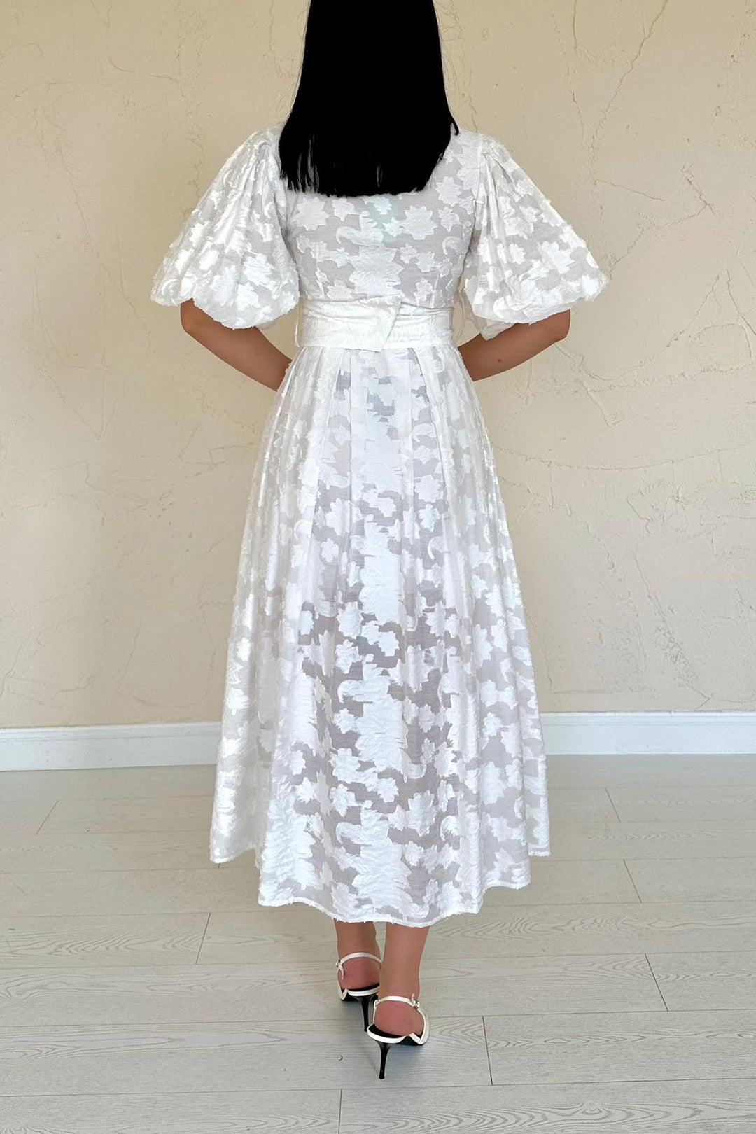 ELS Wholesale Ecru Belted Puff Sleeve Dress - Toms River