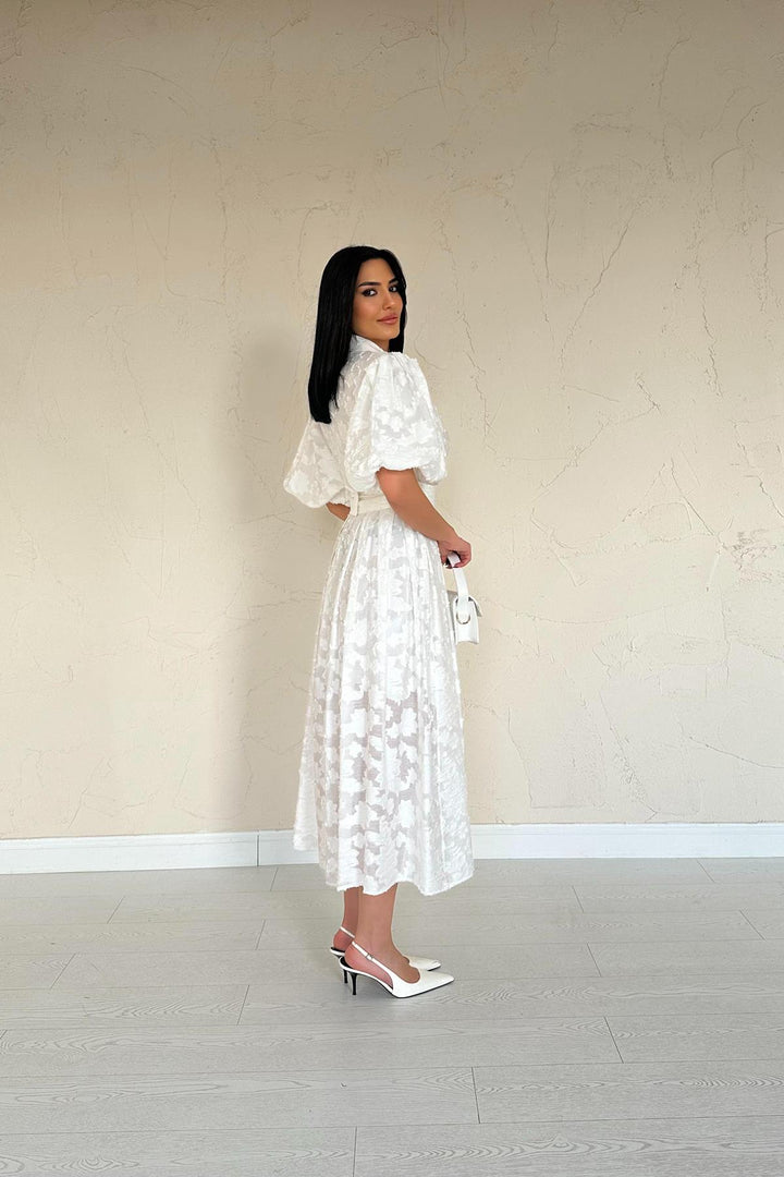 ELS Wholesale Ecru Belted Puff Sleeve Dress - Toms River