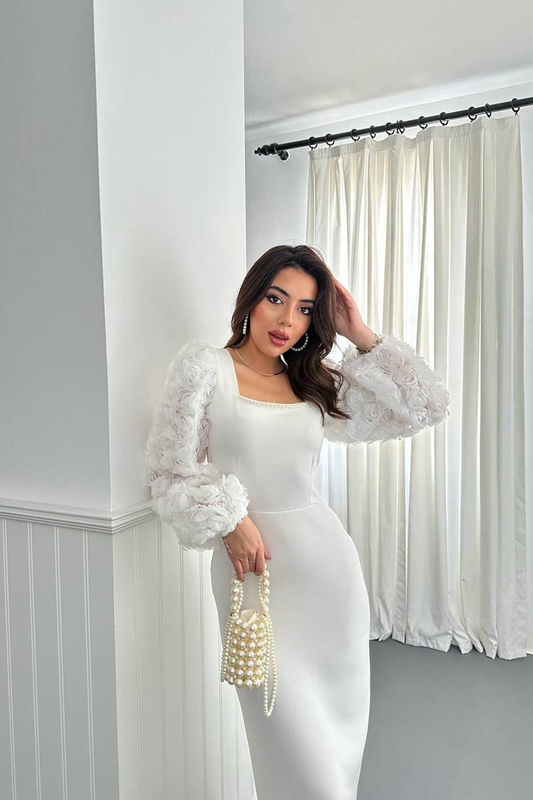 ELS Wholesale Ecru Sleeves Floral Satin Dress - Hueyapan de Ocampo