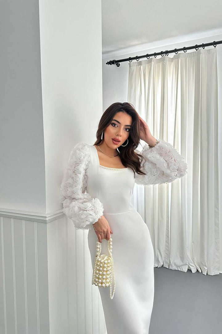 ELS Wholesale Ecru Sleeves Floral Satin Dress - Hueyapan de Ocampo