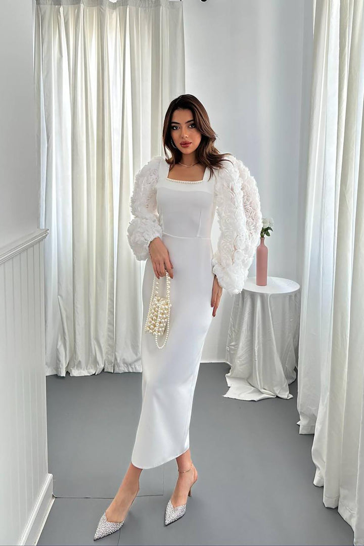 ELS Wholesale Ecru Sleeves Floral Satin Dress - Hueyapan de Ocampo