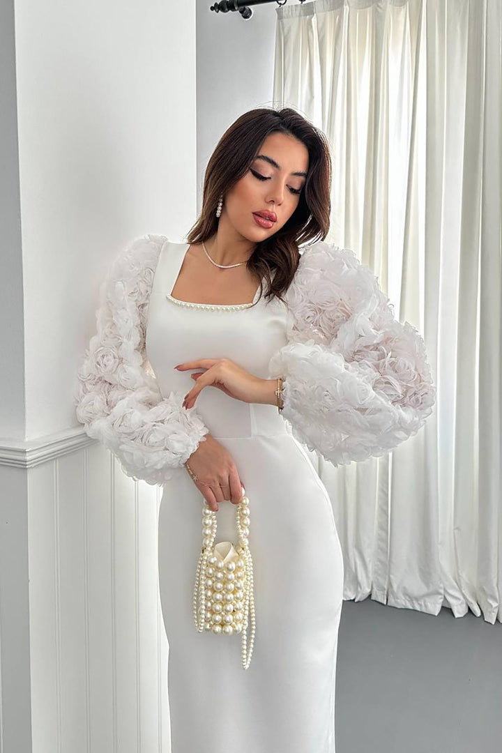 ELS Wholesale Ecru Sleeves Floral Satin Dress - Hueyapan de Ocampo