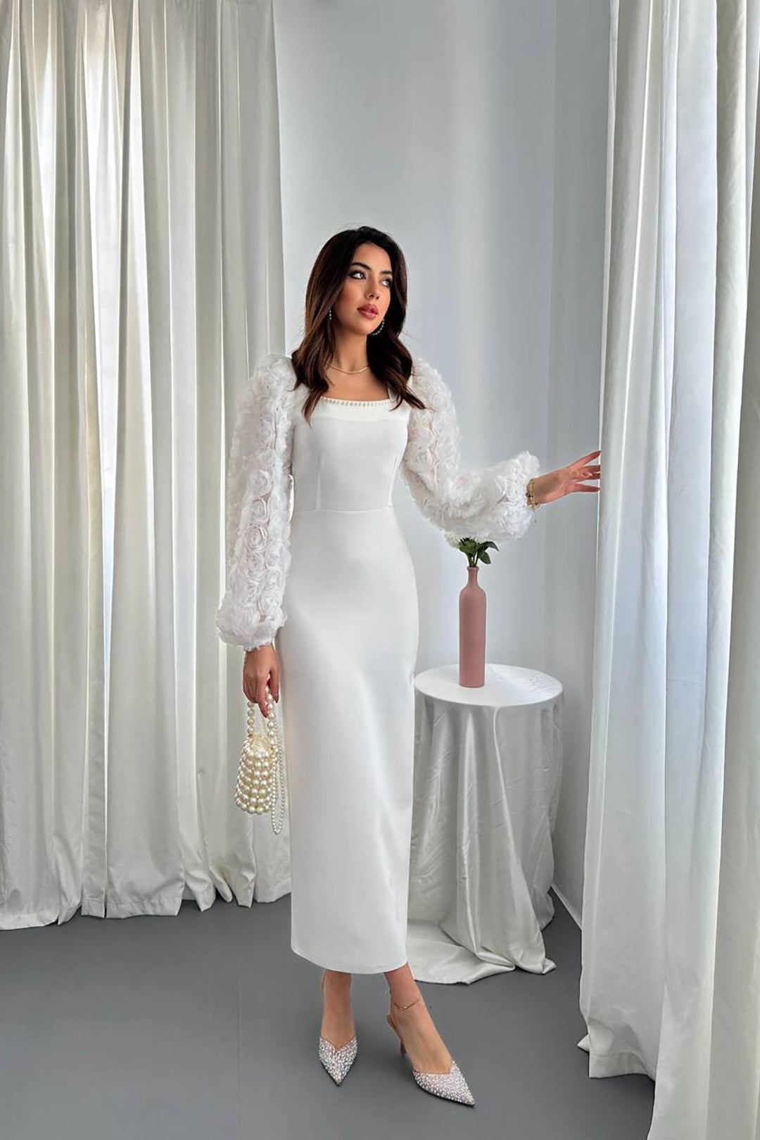 ELS Wholesale Ecru Sleeves Floral Satin Dress - Hueyapan de Ocampo