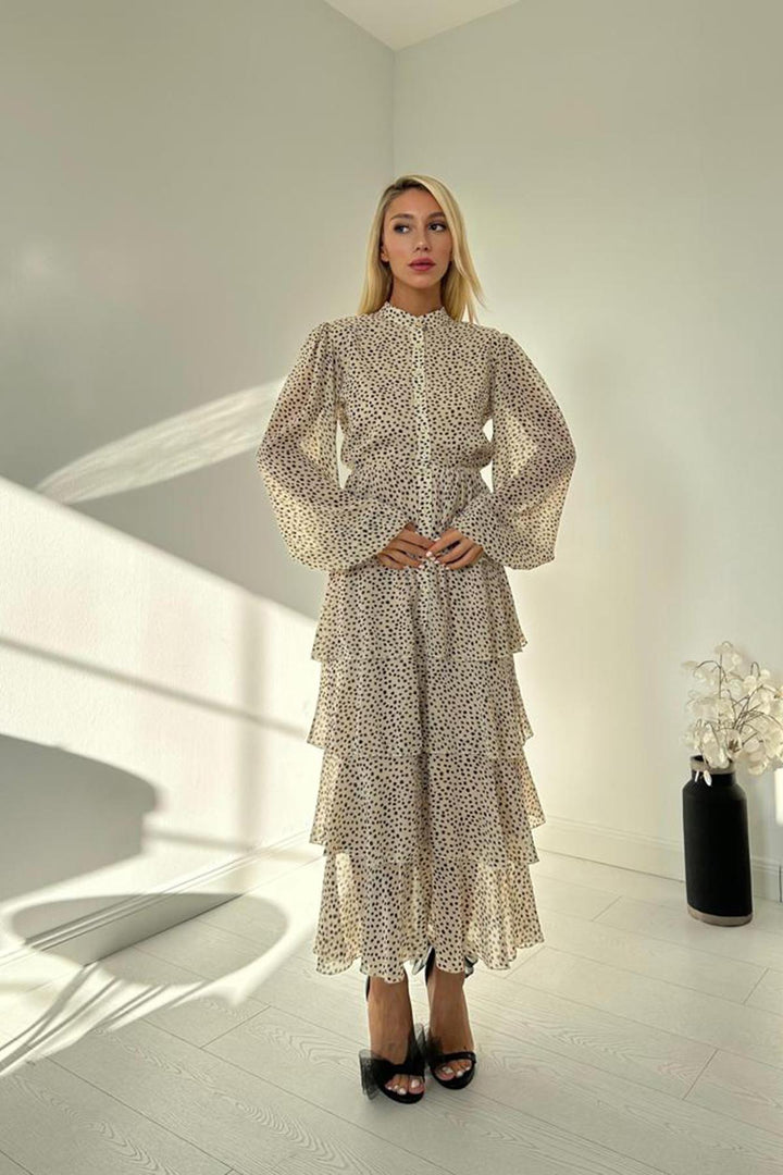 ELS Toptan Ekru Puantiyeli Şifon Kat Elbise - Zwickau