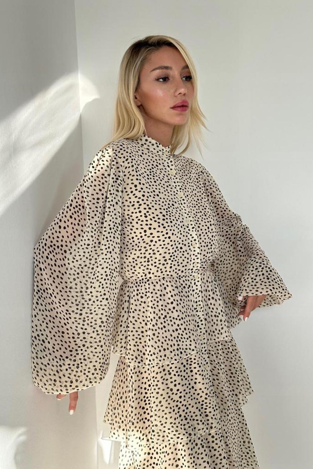 ELS Toptan Ekru Puantiyeli Şifon Kat Elbise - Zwickau