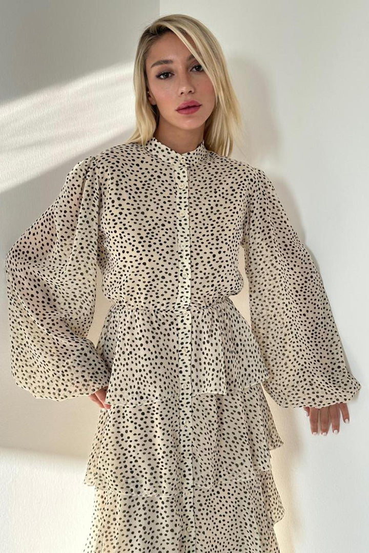 ELS Toptan Ekru Puantiyeli Şifon Kat Elbise - Zwickau