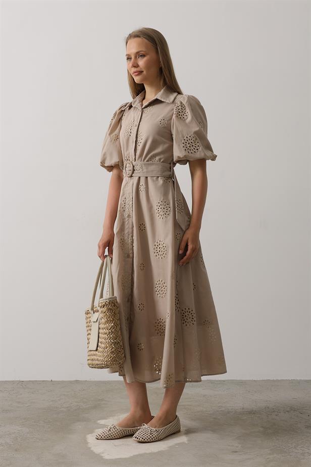 RYN Balloon Sleeve Belted Embroidered Dress - Stone - Bowmanville
