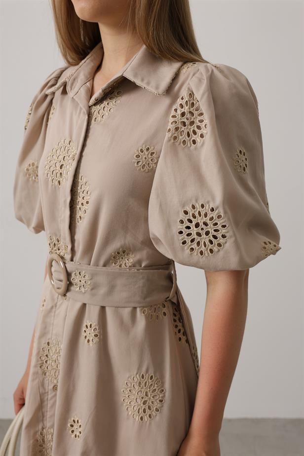 RYN Balloon Sleeve Belted Embroidered Dress - Stone - Bowmanville