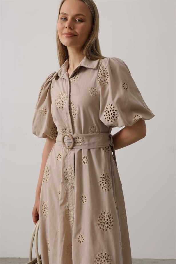 RYN Balloon Sleeve Belted Embroidered Dress - Stone - Bowmanville