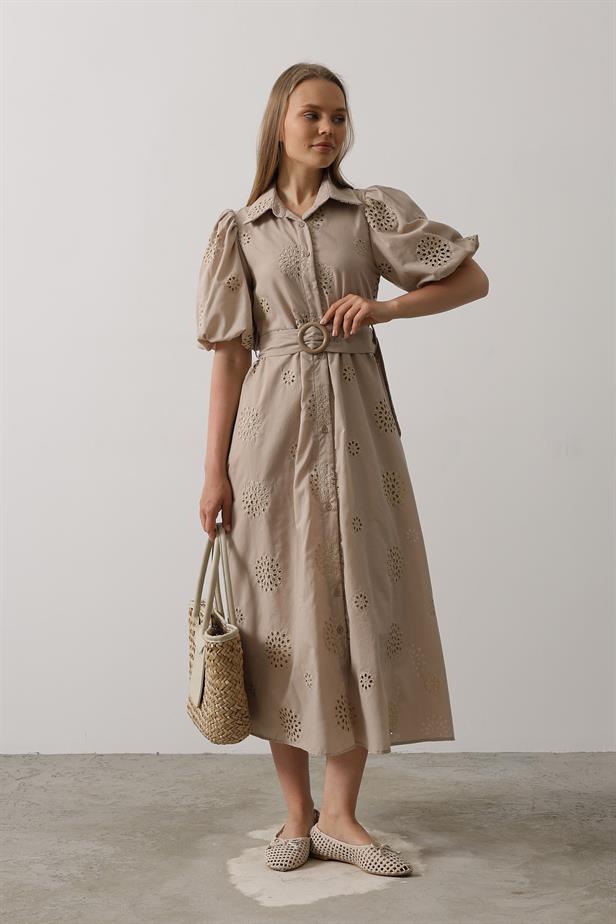 RYN Balloon Sleeve Belted Embroidered Dress - Stone - Bowmanville