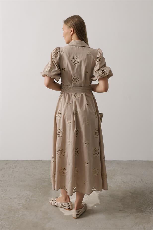 RYN Balloon Sleeve Belted Embroidered Dress - Stone - Bowmanville
