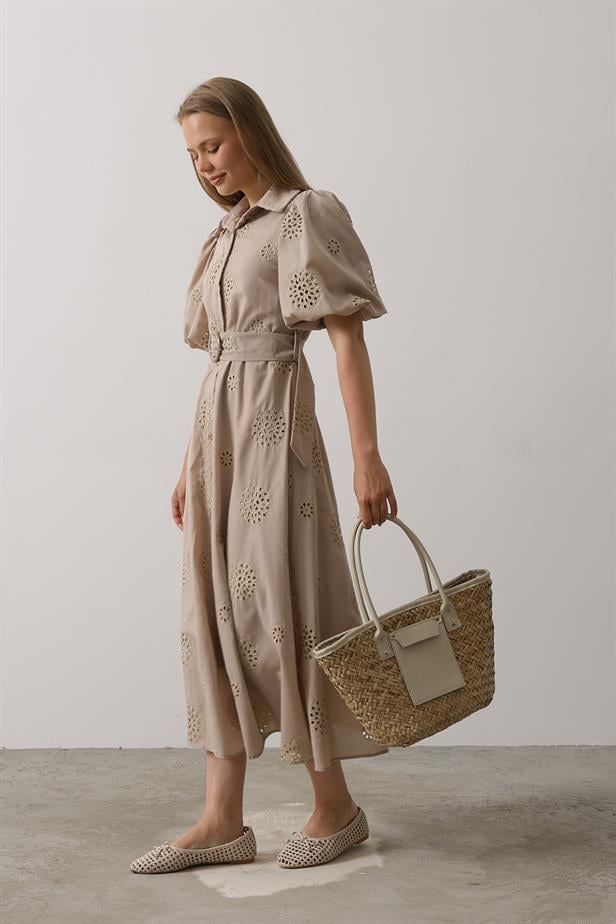 RYN Balloon Sleeve Belted Embroidered Dress - Stone - Bowmanville