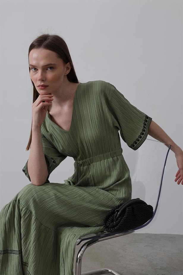 RYN Sleeve Skirt Embroidered Dress - Khaki - Mannheim