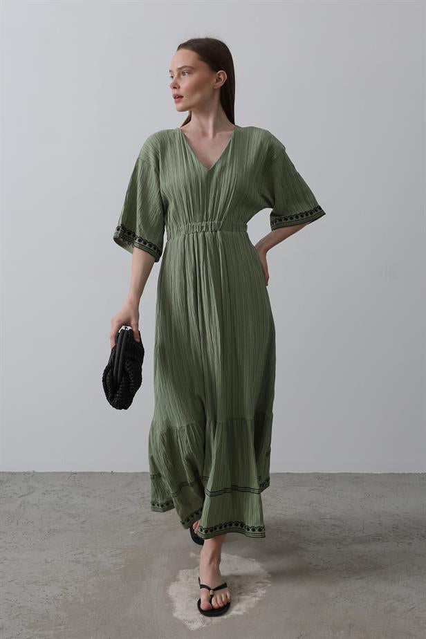 RYN Sleeve Skirt Embroidered Dress - Khaki - Mannheim