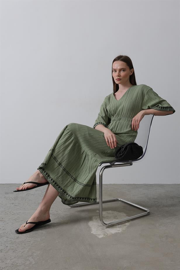 RYN Sleeve Skirt Embroidered Dress - Khaki - Mannheim