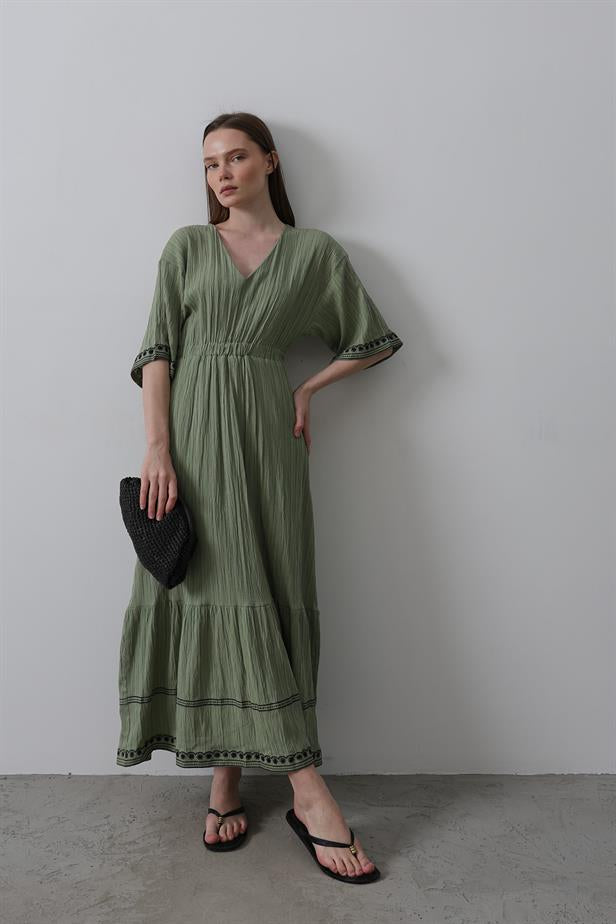 RYN Sleeve Skirt Embroidered Dress - Khaki - Mannheim