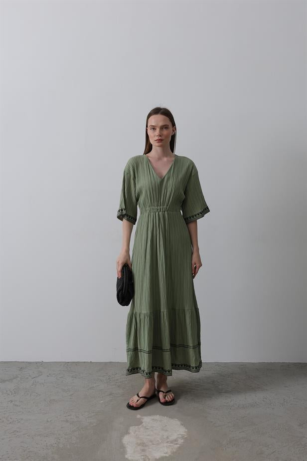 RYN Sleeve Skirt Embroidered Dress - Khaki - Mannheim