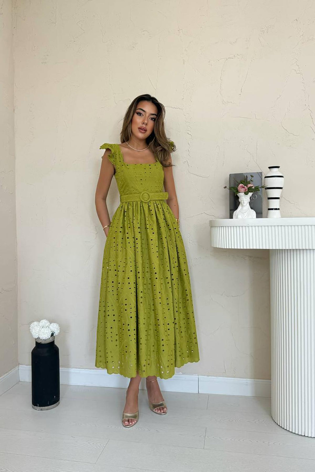 ELS Toptan Fıstık Yeşili Dantelli Brode Elbise - Royal Oak