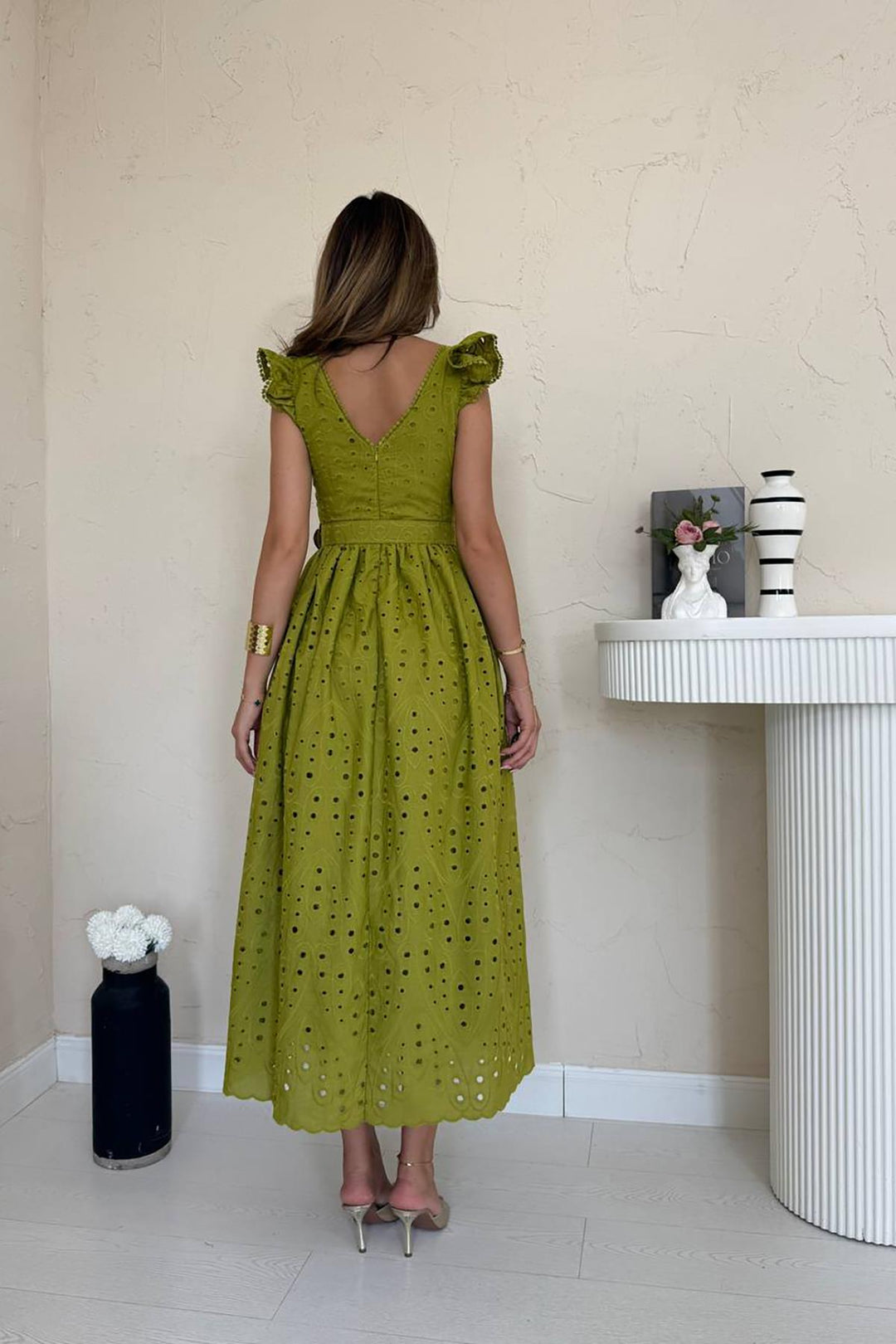 ELS Toptan Fıstık Yeşili Dantelli Brode Elbise - Royal Oak