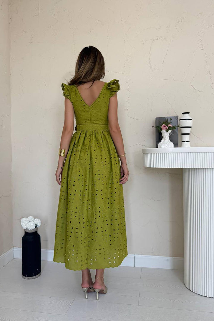 ELS Toptan Fıstık Yeşili Dantelli Brode Elbise - Royal Oak