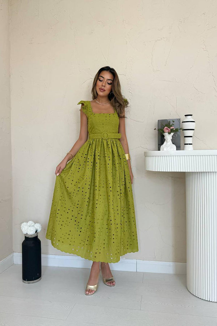 ELS Toptan Fıstık Yeşili Dantelli Brode Elbise - Royal Oak