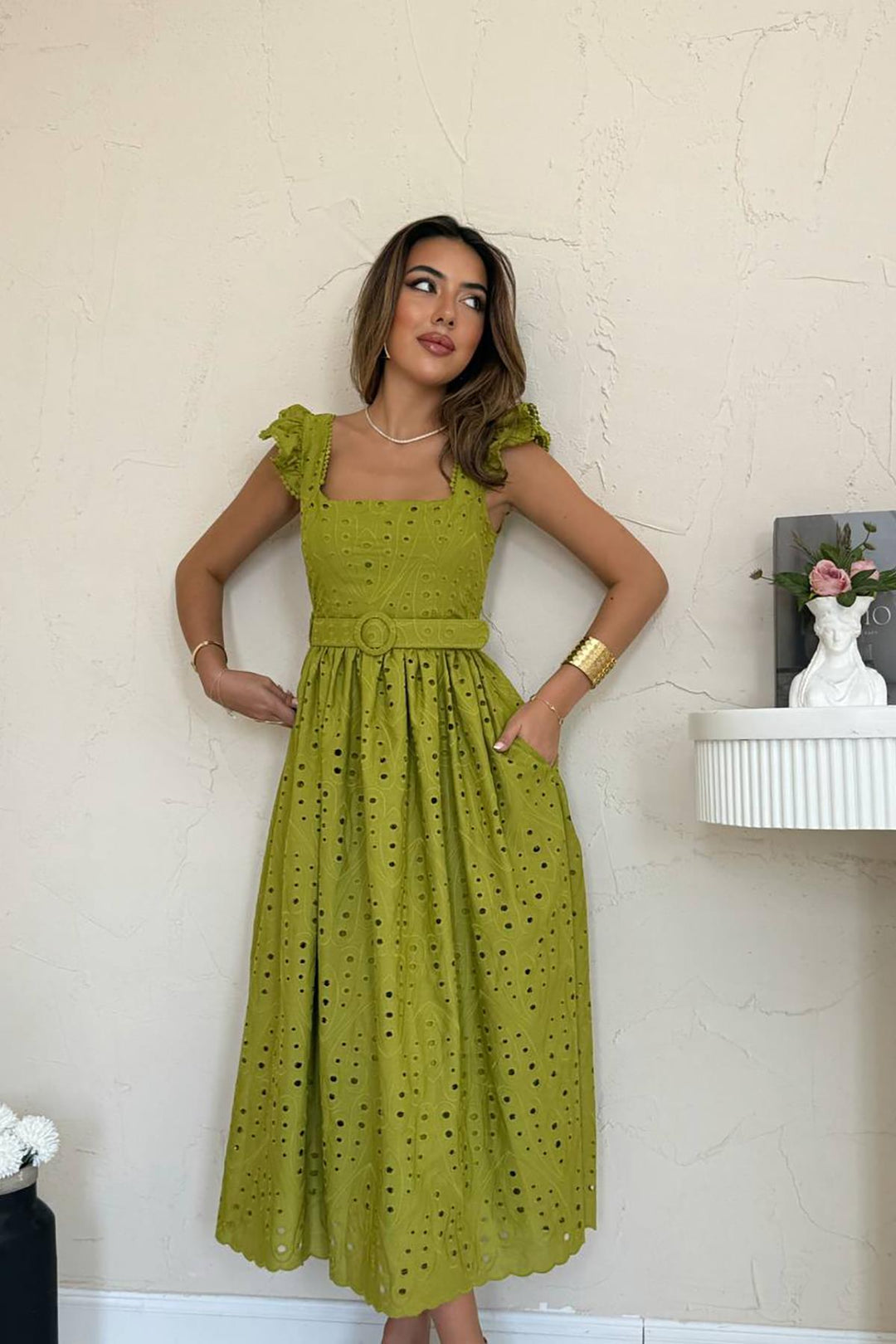 ELS Toptan Fıstık Yeşili Dantelli Brode Elbise - Royal Oak