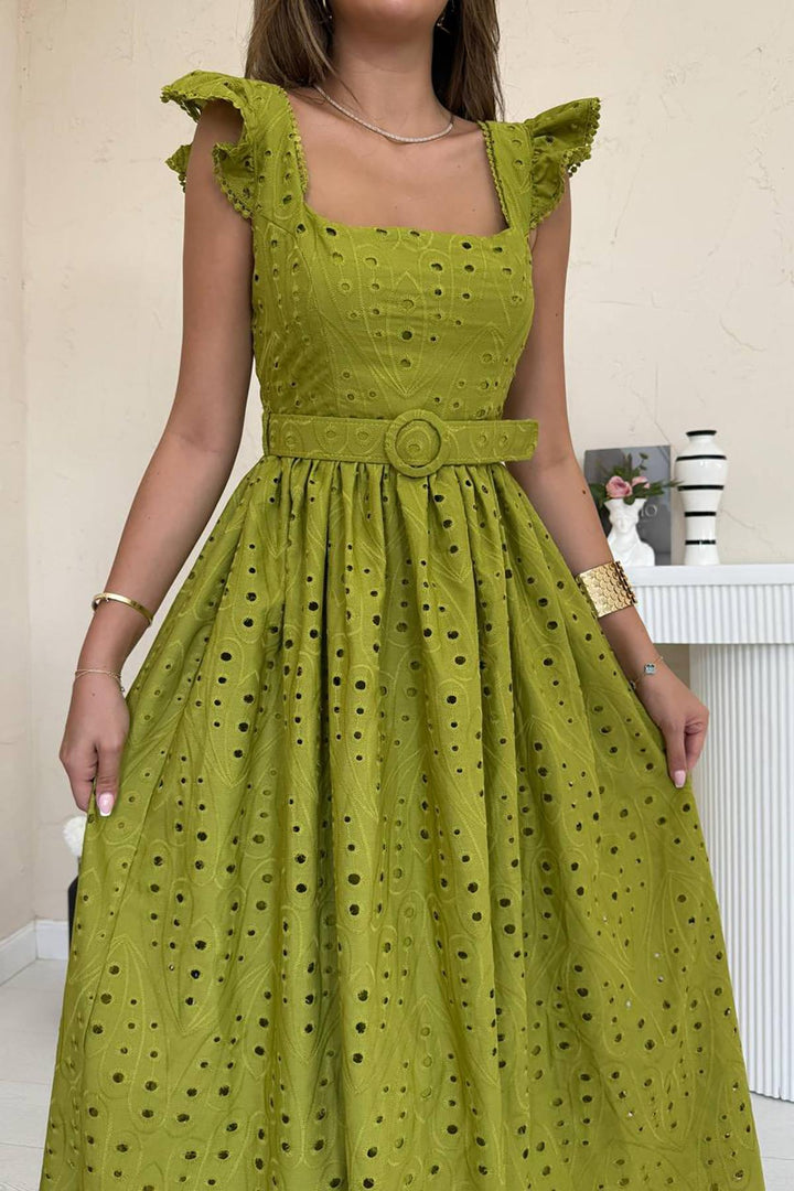 ELS Toptan Fıstık Yeşili Dantelli Brode Elbise - Royal Oak