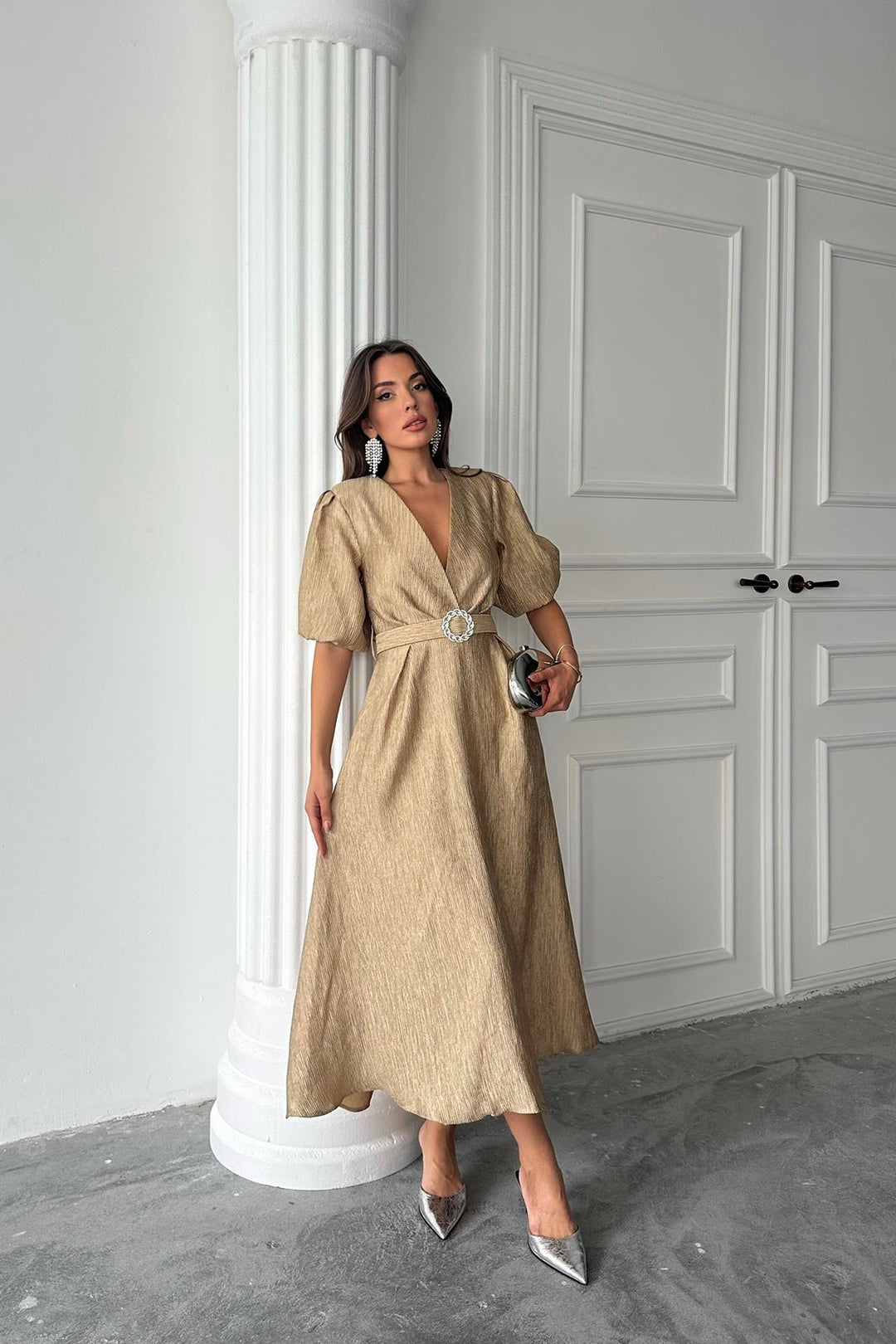 ELS Wholesale Gold Shimmer Belted Wrap Dress - Antequera