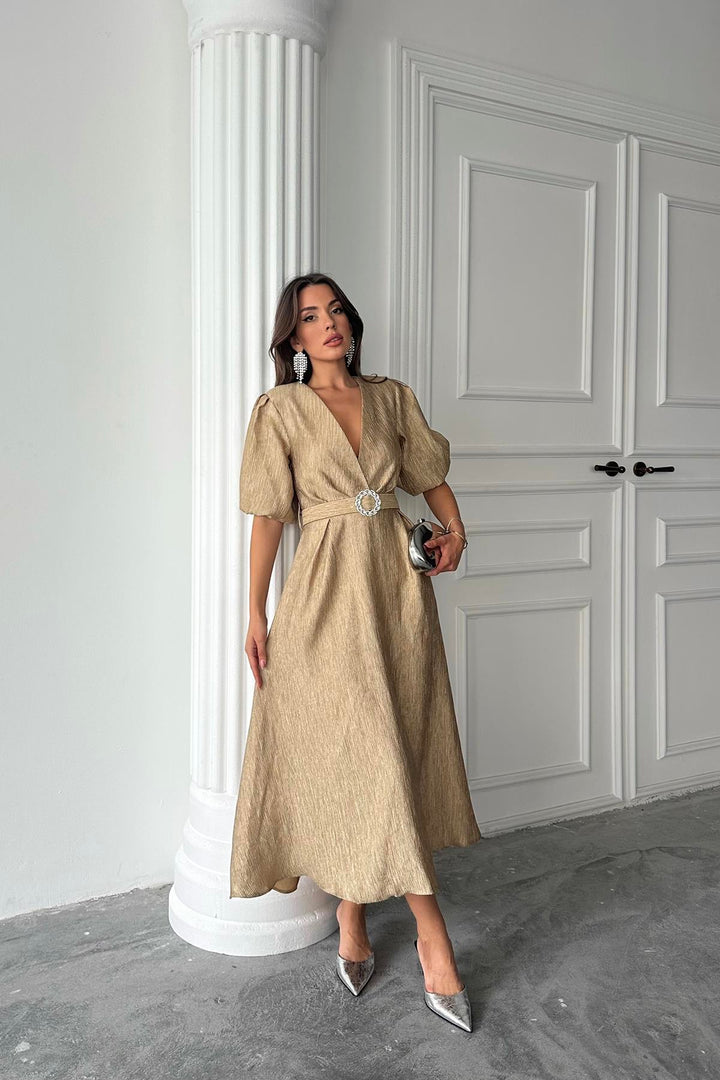 ELS Wholesale Gold Shimmer Belted Wrap Dress - Antequera
