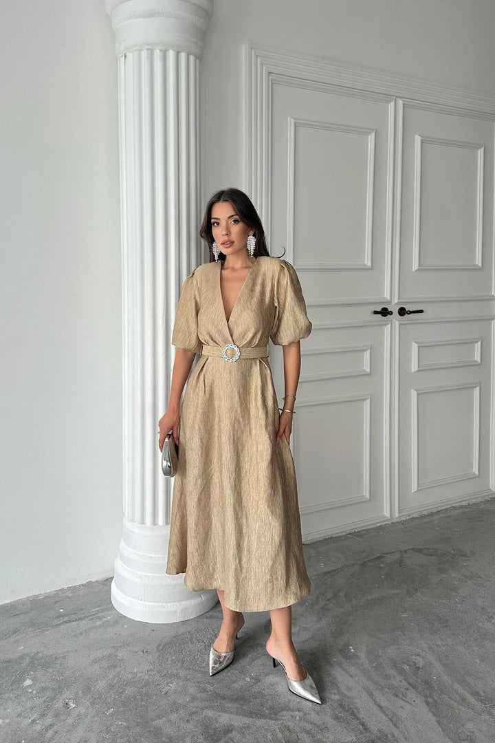 ELS Wholesale Gold Shimmer Belted Wrap Dress - Antequera